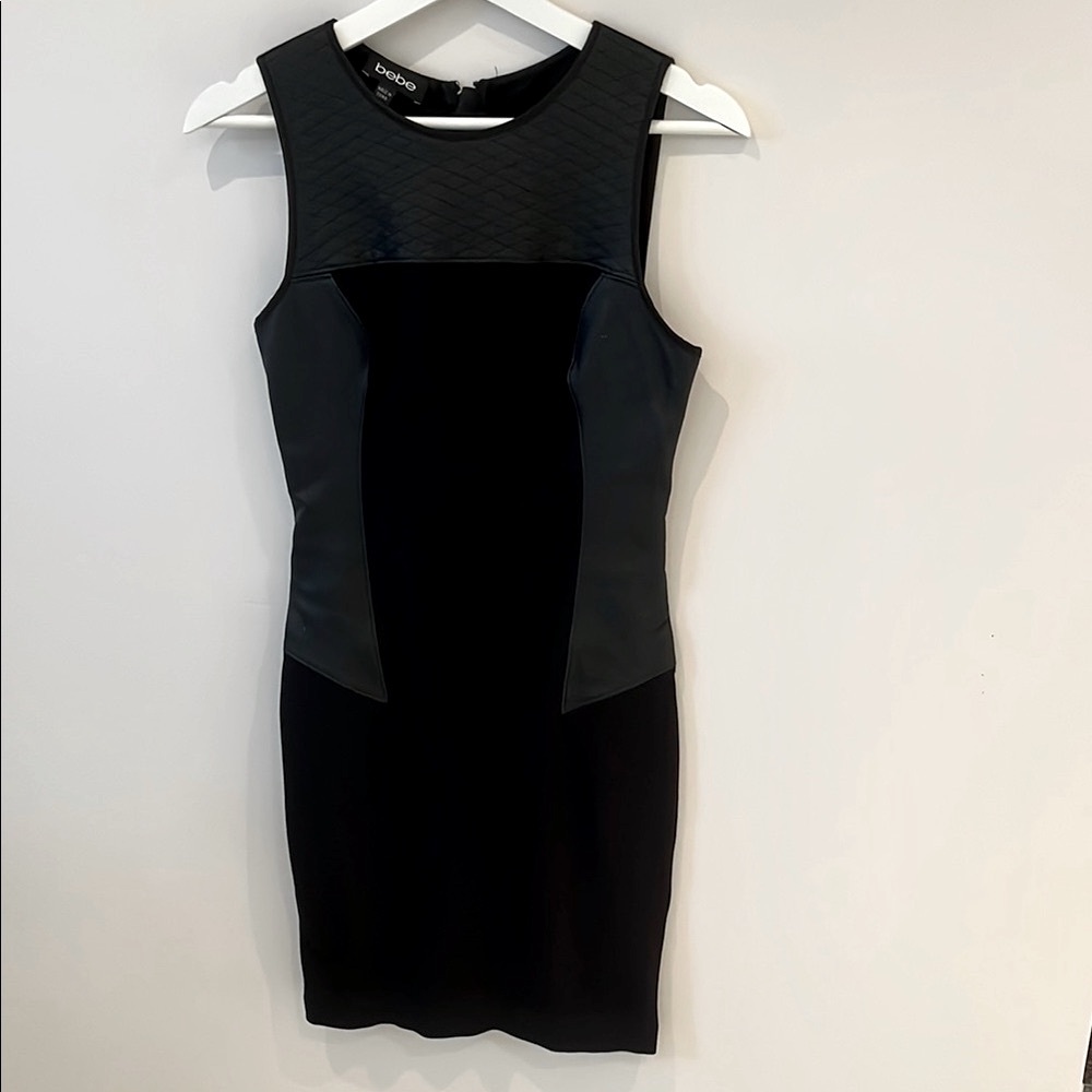 BEBE Black Sleeveless Mini  Bodycon Dress with leather combo.